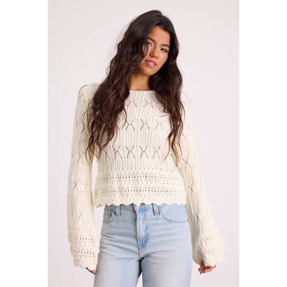 Lulus Wendy Ivory Crochet Bell Sleeve Sweater White - Size M